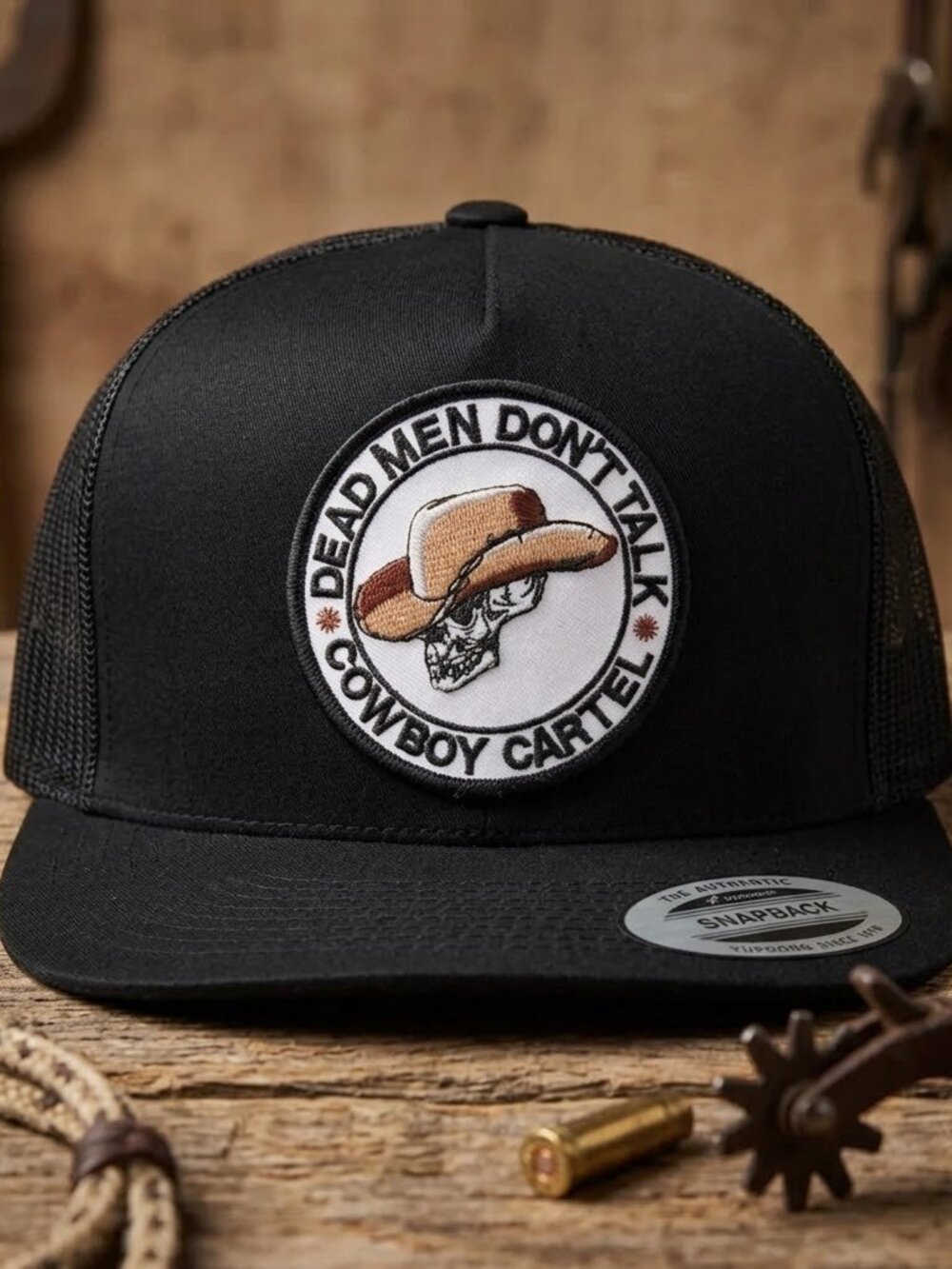 Cowboy Cartel Skull Embroidered Patch Black Flat Bill Yupoong Snapback Hat Retro